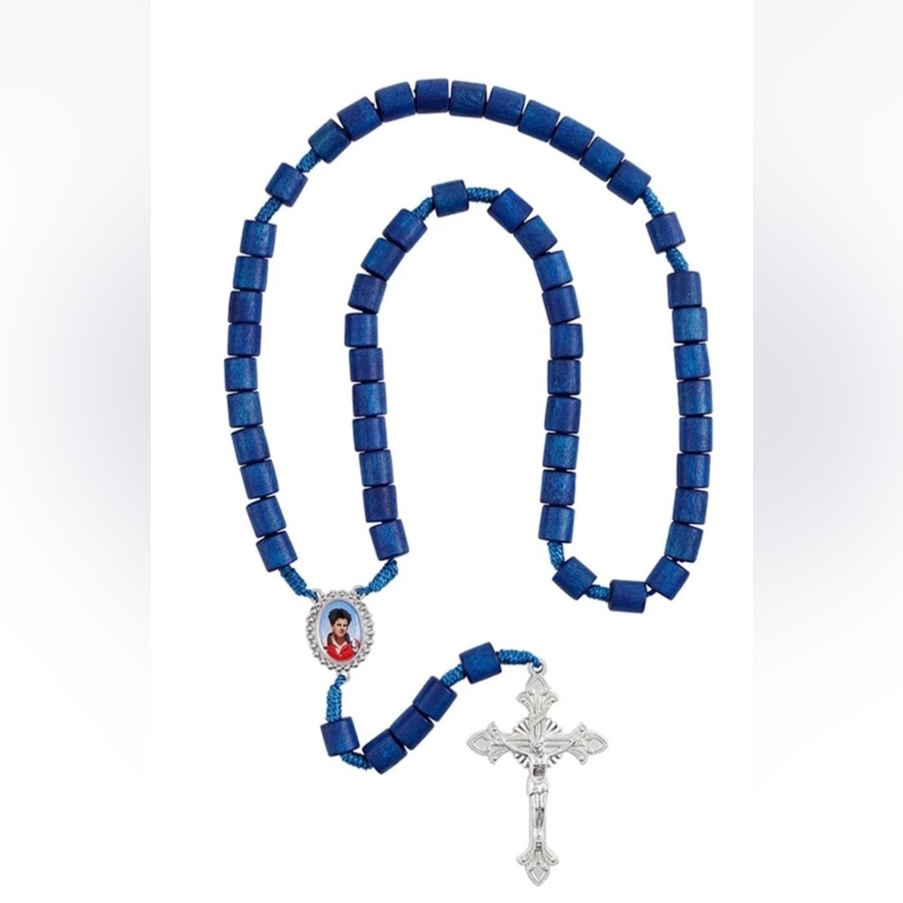 St Carlo Acutis Blue wood Beaded Rosary with Silver Cross unisex Catholic gift